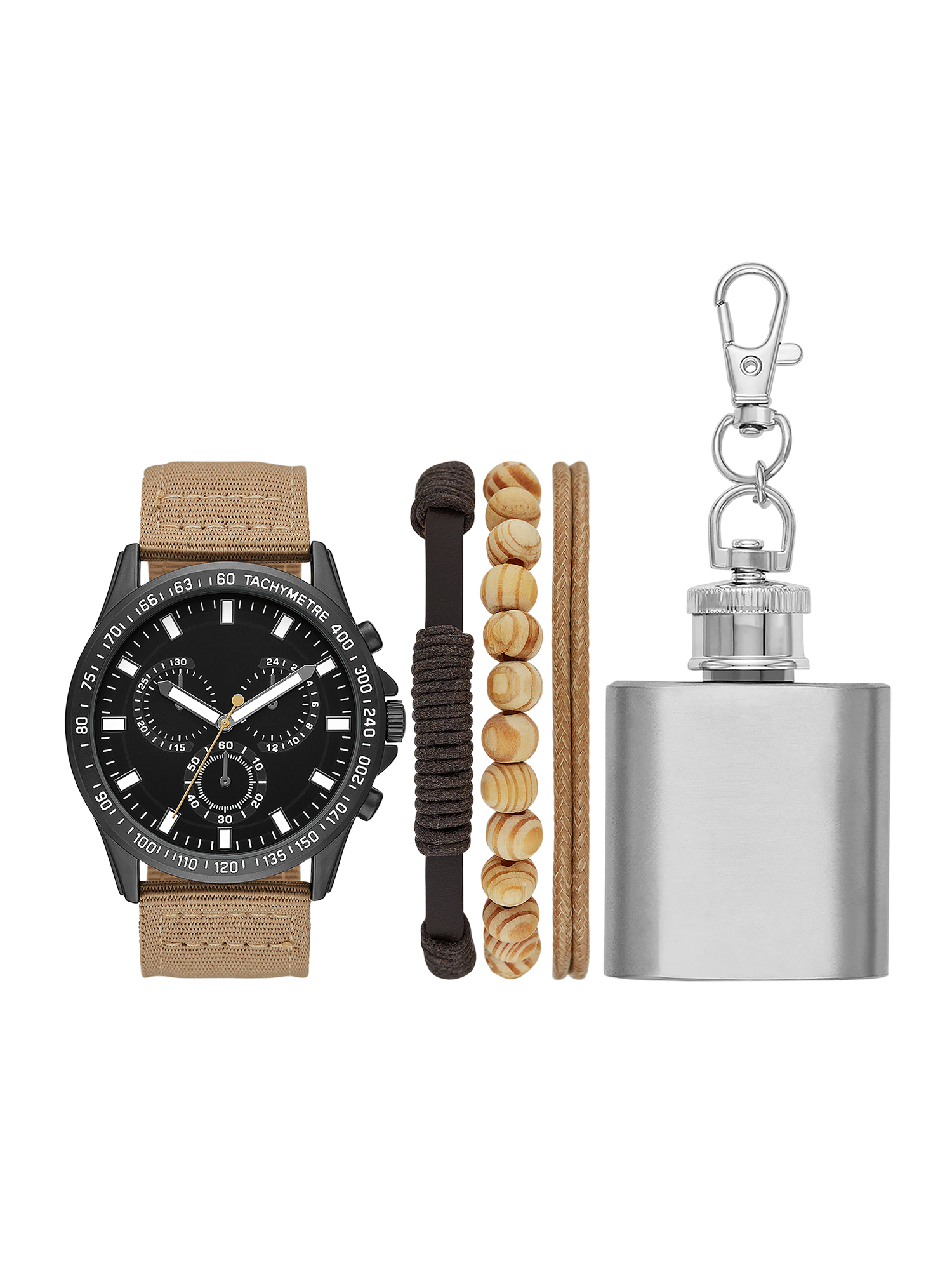 Folio Men's Gunmetal Tone Round Watch with Tan Nylon Strap, Layered Bracelets and Mini Flask Gift Set (FMDAL1157) - image 1 of 3