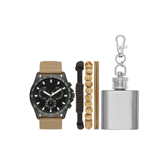 Folio Men's Gunmetal Tone Round Watch with Tan Nylon Strap, Layered Bracelets and Mini Flask Gift Set (FMDAL1157)