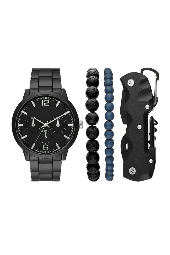 Men's Matte Black Round Analog Bracelet Watch, Layered Bracelets and Black Multi-tool Gift Set (FMDAL1152)