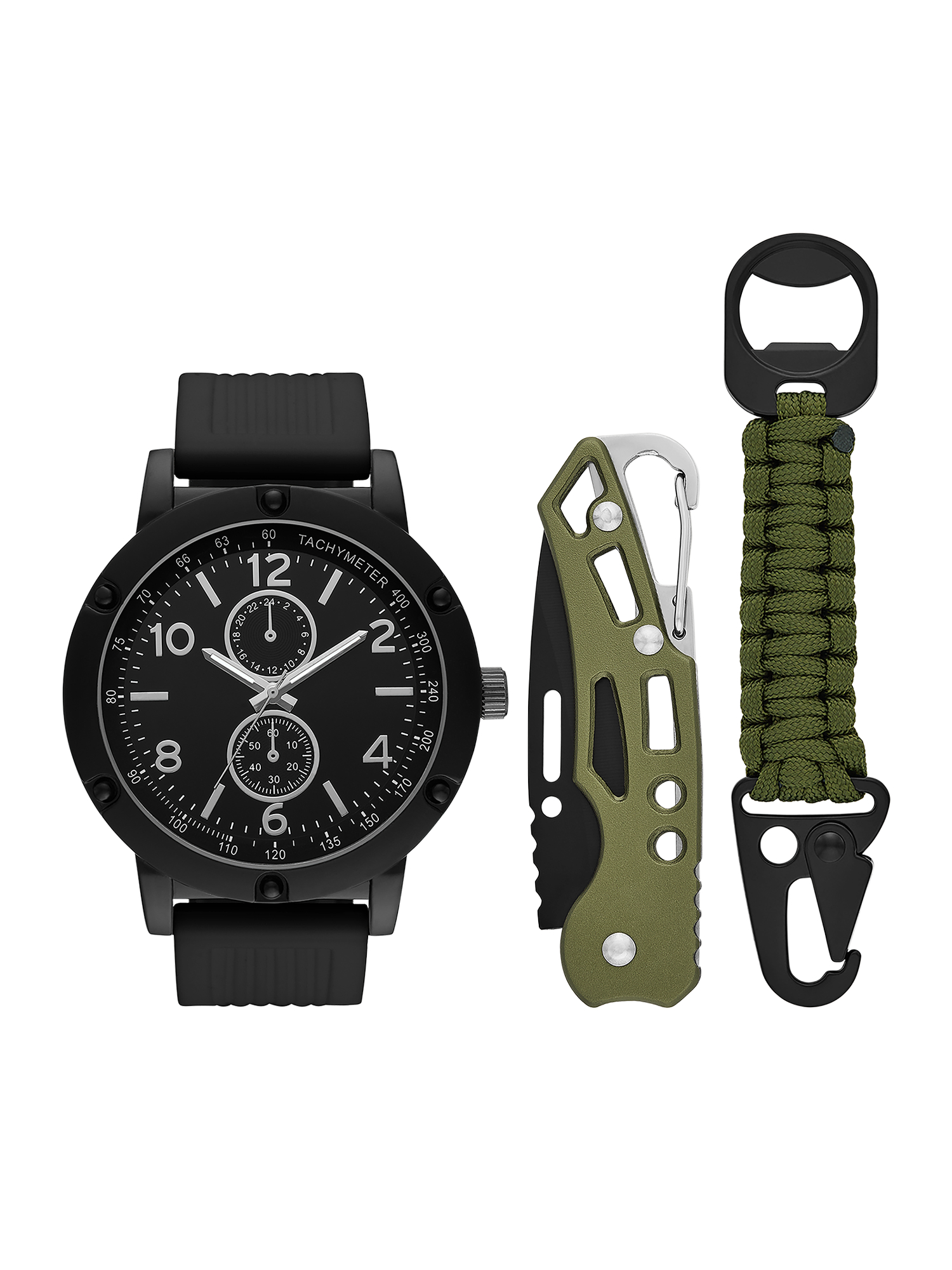 Folio Men's Matte Black Round Analog Watch with Black Silicone Strap, Green Braided Rope Bracelet and Green Multi-tool Gift Set (FMDAL1145) - image 1 of 3