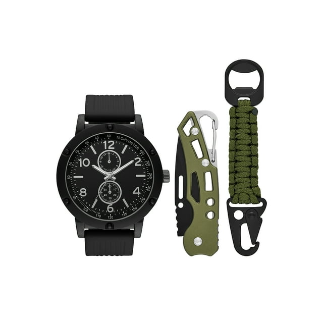 Folio Men's Matte Black Round Analog Watch with Black Silicone Strap, Green Braided Rope Bracelet and Green Multi-tool Gift Set (FMDAL1145)