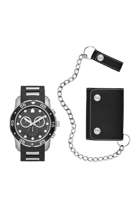 Men's Silver Round Analog Watch with Silver Link and Faux Leather Band and Black Faux Leather Embossed Card Holder with Silver Metal Chain and Faux Leather Clip Gift Set (FMDAL1159)