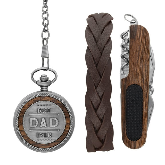 Folio Men's Silver and Wood Tone Pocket Watch with Faux Leather Braided Bracelet and Wood Tone Multi-Tool Gift Set