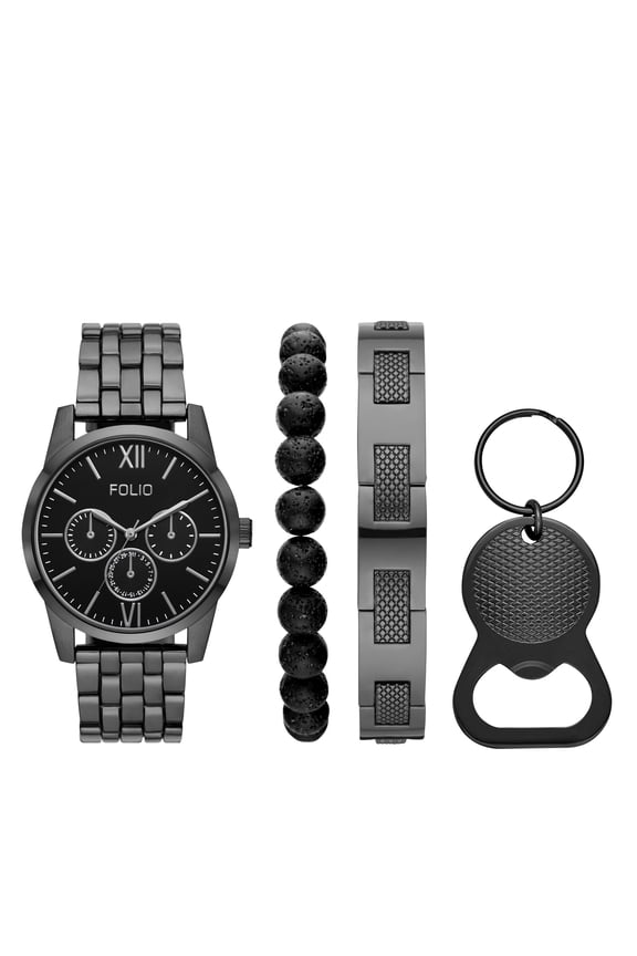 Men's Three-Hand, Gunmetal Alloy Watch, Bracelets, and Bottle Opener Gift Set
