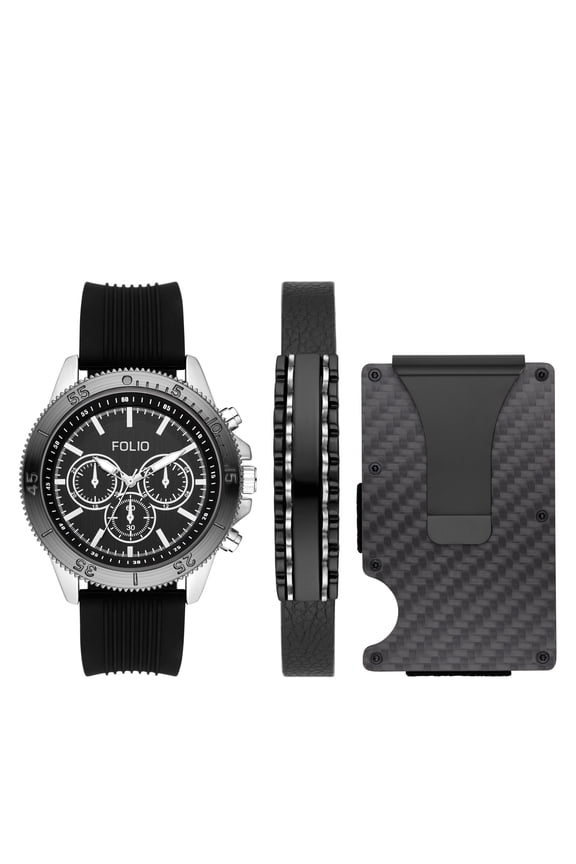 Men's Three-Hand, Silver-Tone Alloy Watch, Bracelet and Card Holder Gift Set