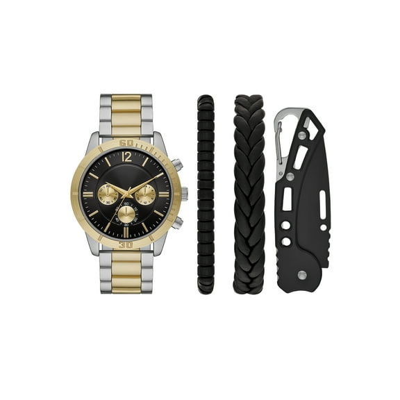 Folio Men's Two Tone Gold and Silver Analog Bracelet Watch with Layered Bracelets and Black and Silver Multi-tool Gift Set (FMDAL1161)