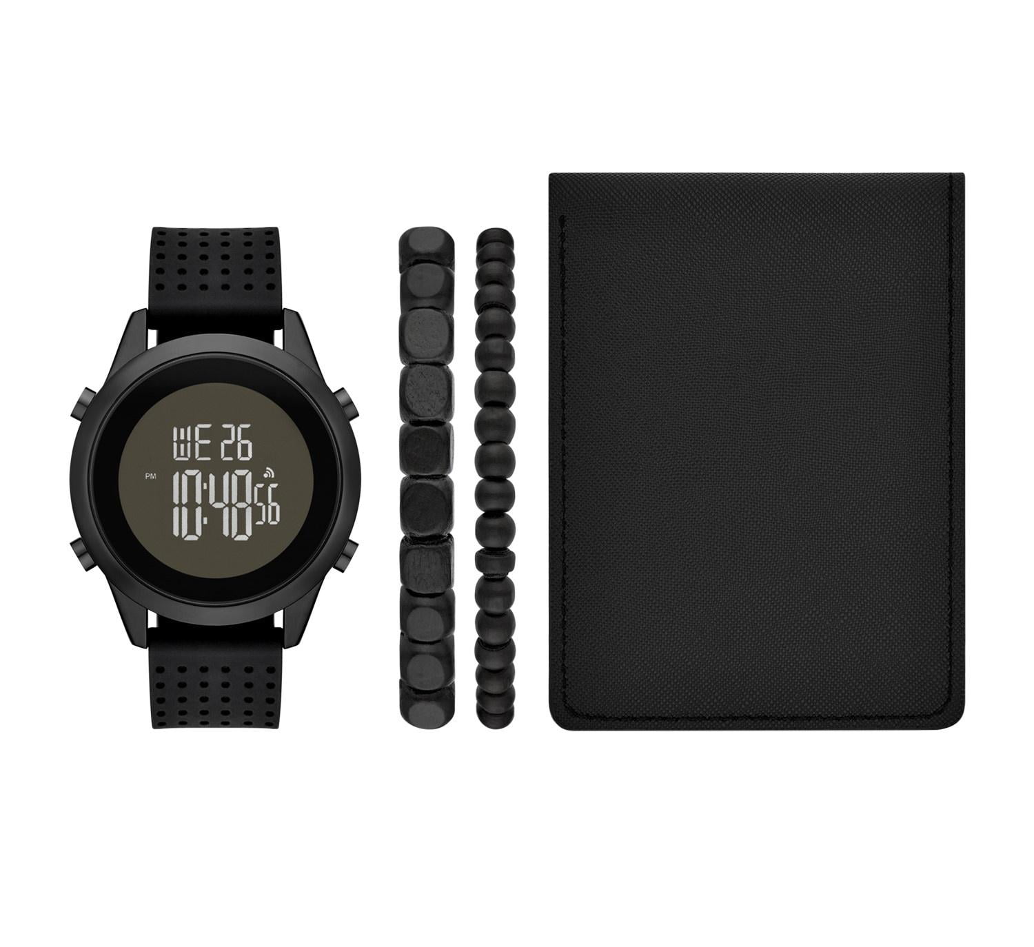Folio Men s Watch Gift Set Gunmetal Tone Round Case Black Dial Black Silicone Strap with Black Faux Leather Wallet 2 Stretch Bracelets FMDAL1216 Walmart