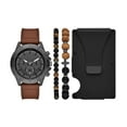 thumbnail image 1 of Folio Men's Watch Gift Set; Gunmetal Tone Round Case and Dial, Brown Faux Leather Strap with Black Wallet and 2 Beaded Bracelets (FMDAL1208), 1 of 5