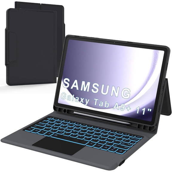 Folio Touch Keyboard Case for Samsung Galaxy Tab A9+/A11+ 11 inch - Slim Wireless Smart Trackpad Tablet Cover Backlit with Kickstand A9 Plus 11" 2023 Black
