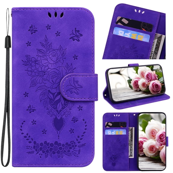 Folio Wallet Case for Google Pixel 6 Pro, Flower Patterned Embossed Premium PU Leather Flip Stand Card Slots Magnetic Closure Wristlet Case for Google Pixel 6 Pro,Purple