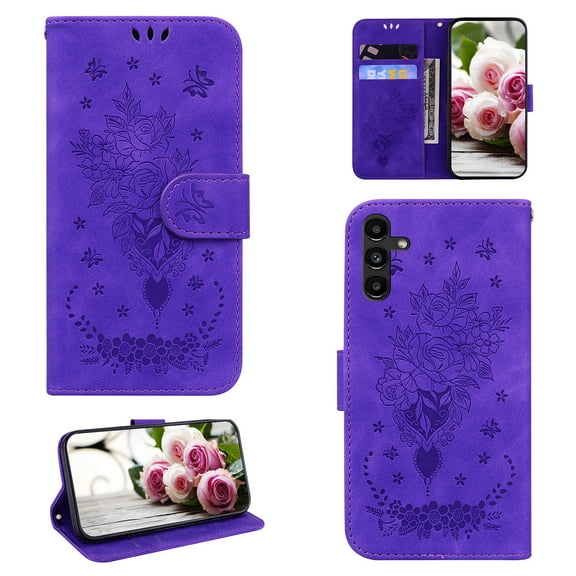 Folio Wallet Case for Samsung A13 4G, Flower Patterned Embossed Premium PU Leather Flip Stand Card Slots Magnetic Closure Wristlet Case For Samsung Galaxy A13 4G, Purple