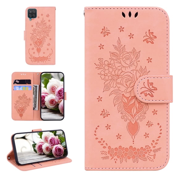 Folio Wallet Case for Samsung A22 4G, Flower Patterned Embossed Premium PU Leather Flip Stand Card Slots Magnetic Closure Wristlet Case For Samsung Galaxy A22 4G, Pink