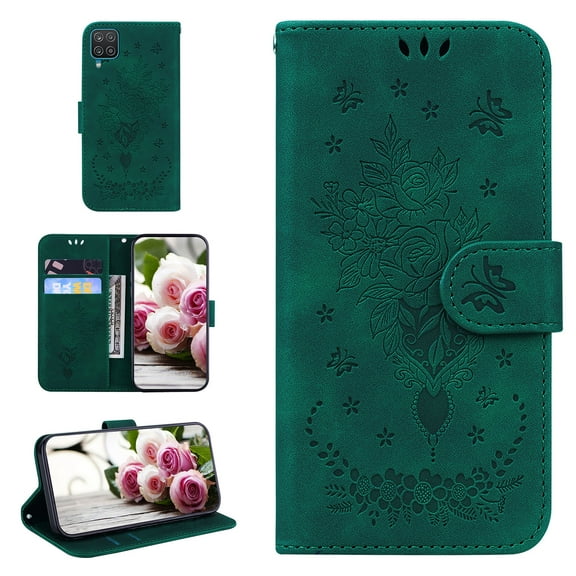 Folio Wallet Case for Samsung A22 4G, Flower Patterned Embossed Premium PU Leather Flip Stand Card Slots Magnetic Closure Wristlet Case For Samsung Galaxy A22 4G, Green