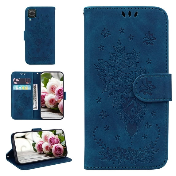 Folio Wallet Case for Samsung A22 4G, Flower Patterned Embossed Premium PU Leather Flip Stand Card Slots Magnetic Closure Wristlet Case For Samsung Galaxy A22 4G, For Samsung Galaxy A22 4G,Blue