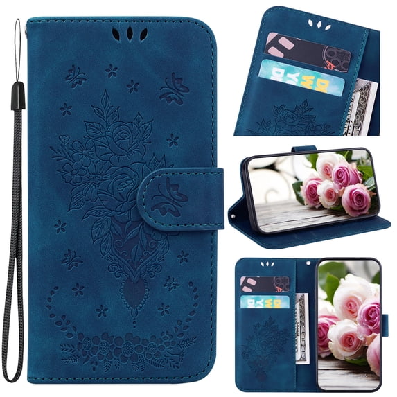 Folio Wallet Case for Samsung A52, Flower Patterned Embossed Premium PU Leather Flip Stand Card Slots Magnetic Closure Wristlet Case for Samsung Galaxy A52 5G/4G,Blue