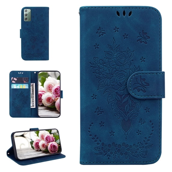 Folio Wallet Case for Samsung Note 20, Flower Patterned Embossed Premium PU Leather Flip Stand Card Slots Magnetic Closure Wristlet Case For Samsung Galaxy Note 20, Blue