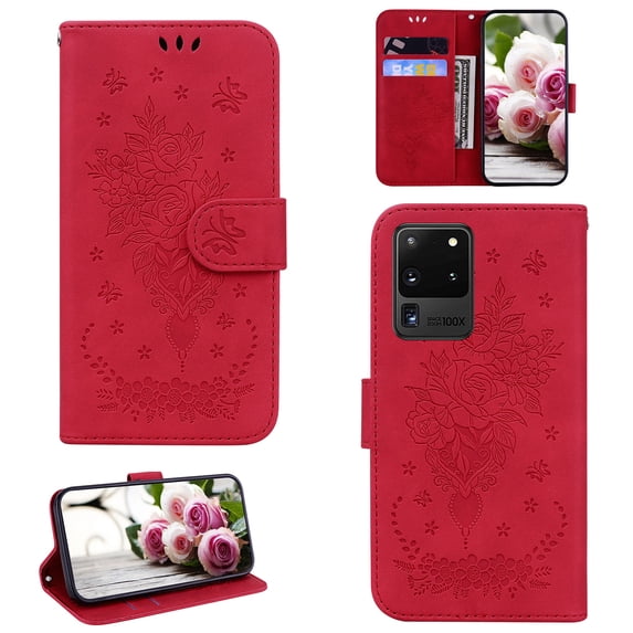 Folio Wallet Case for Samsung S20 Ultra, Flower Patterned Embossed Premium PU Leather Flip Stand Card Slots Magnetic Closure Wristlet Case For Samsung Galaxy S20 Ultra,
Red