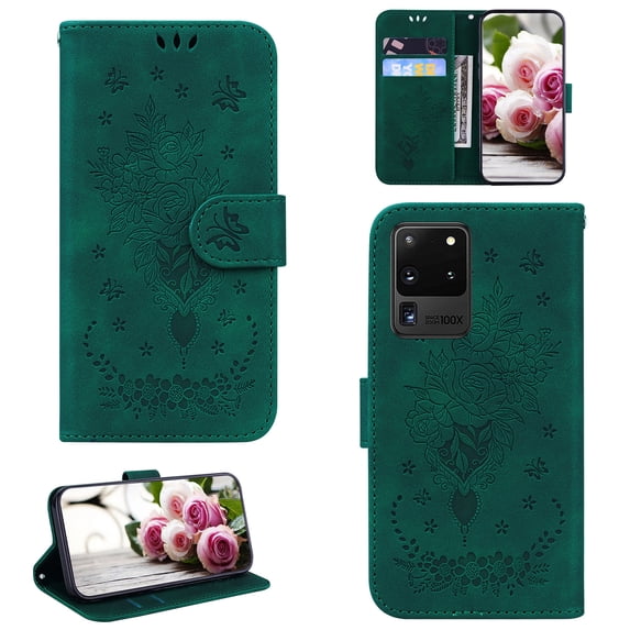 Folio Wallet Case for Samsung S20 Ultra, Flower Patterned Embossed Premium PU Leather Flip Stand Card Slots Magnetic Closure Wristlet Case For Samsung Galaxy S20 Ultra,
Green