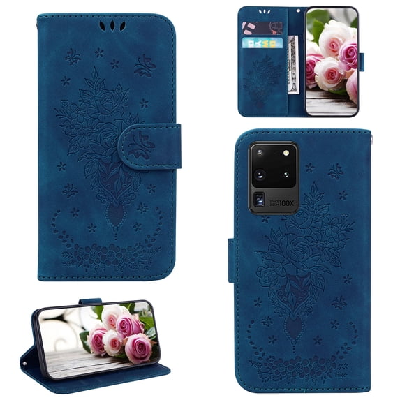 Folio Wallet Case for Samsung S20 Ultra, Flower Patterned Embossed Premium PU Leather Flip Stand Card Slots Magnetic Closure Wristlet Case For Samsung Galaxy S20 Ultra,
Blue