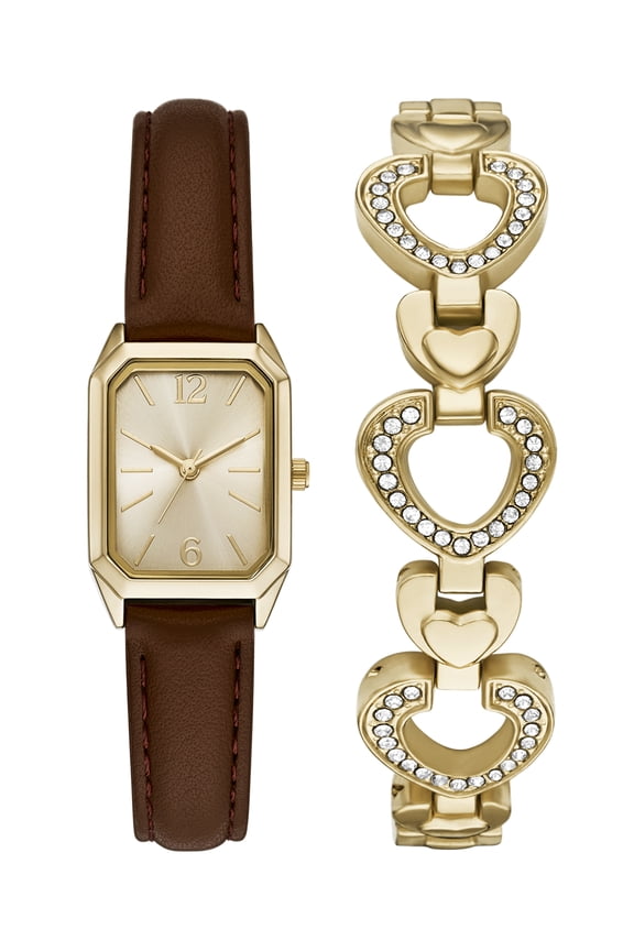 Women’s 2pc Watch & Bracelet Set; 22mm Octagonal Alloy Case, Brown PU Leather Strap, Gold, FMDAL1221