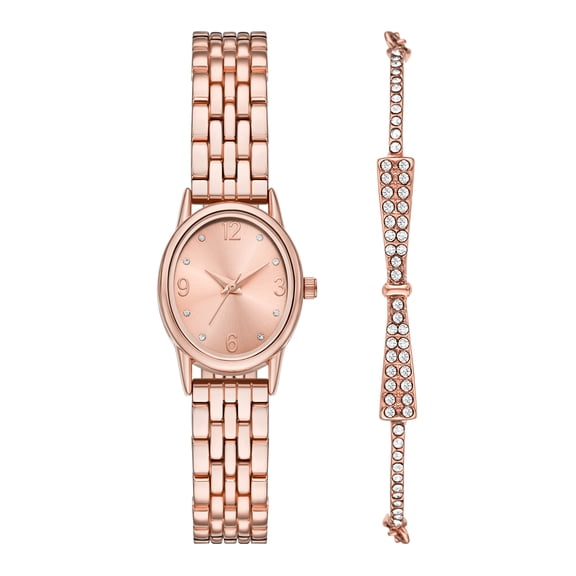 Folio Women’s 2pc Watch & Bracelet Set; 23mm Oval Alloy Case, Metal Bracelet, Rose Gold, FMDAL1220
