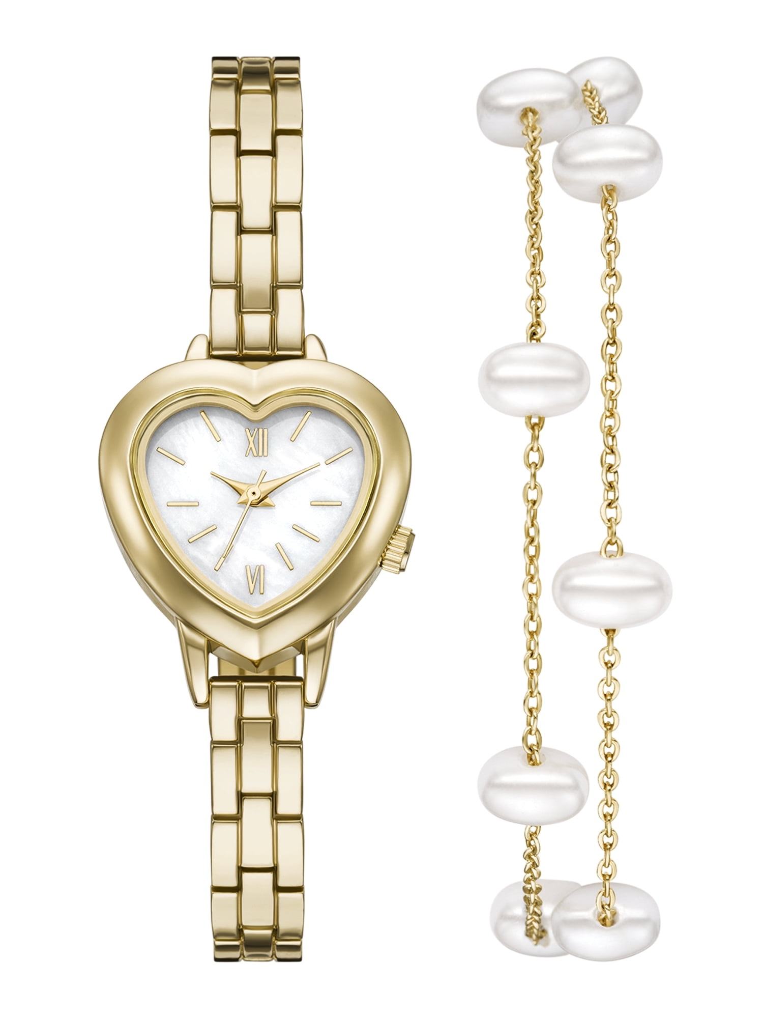Folio Women’s 2pc Watch & Bracelet Set; 25mm Heart Case, Metal Bracelet, Gold, FMDAL1224