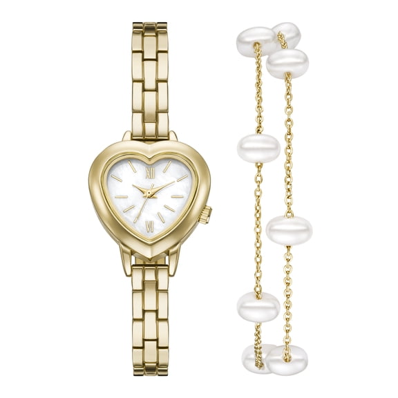 Folio Women’s 2pc Watch & Bracelet Set; 25mm Heart Case, Metal Bracelet, Gold, FMDAL1224