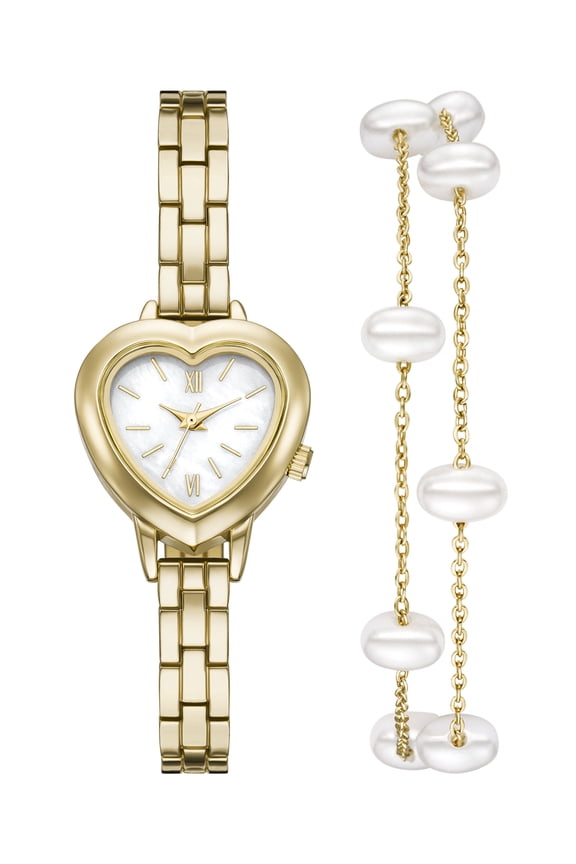Women’s 2pc Watch & Bracelet Set; 25mm Heart Case, Metal Bracelet, Gold, FMDAL1224