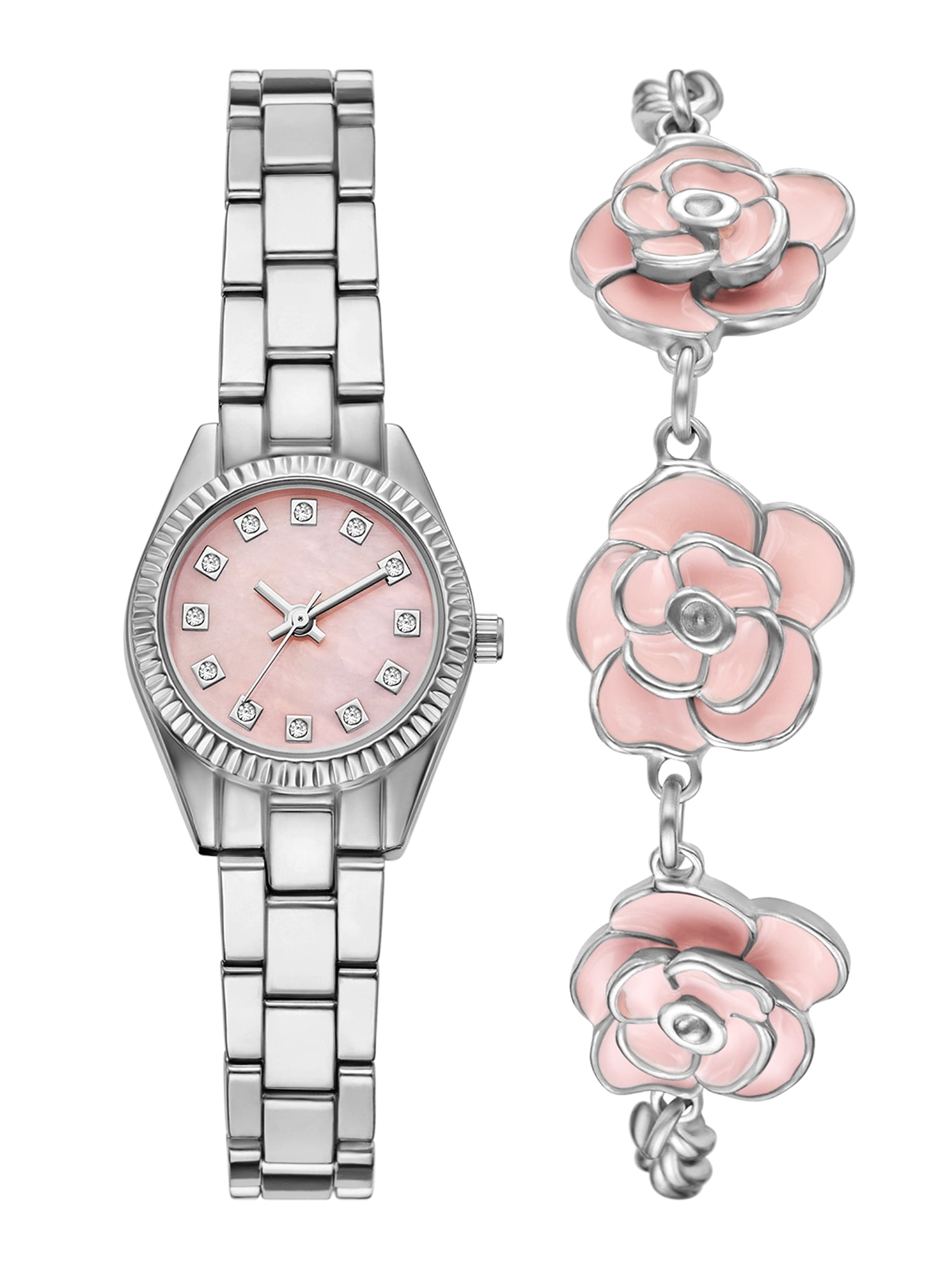 Folio Women’s 2pc Watch & Bracelet Set; 25mm Round Alloy Case, Metal Bracelet, Silver, FMDAL1217