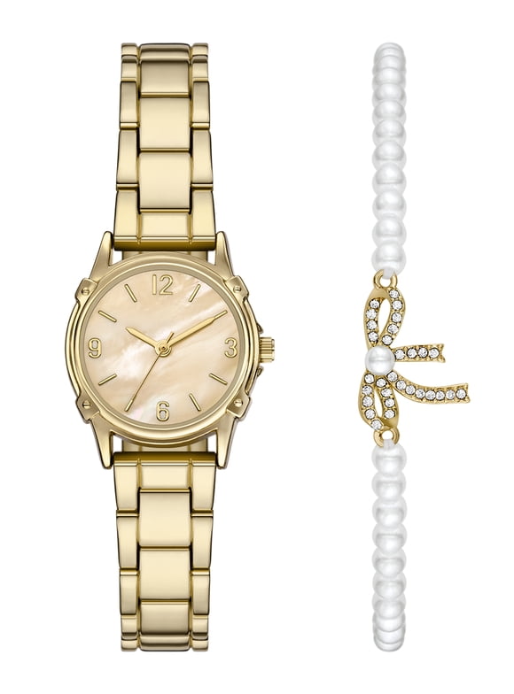 Women’s 2pc Watch & Bracelet Set; 26.5mm Round Case, Metal Bracelet, Gold, FMDAL1228
