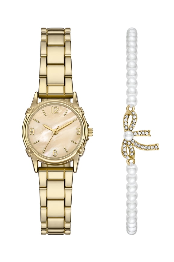 Women’s 2pc Watch & Bracelet Set; 26.5mm Round Case, Metal Bracelet, Gold, FMDAL1228