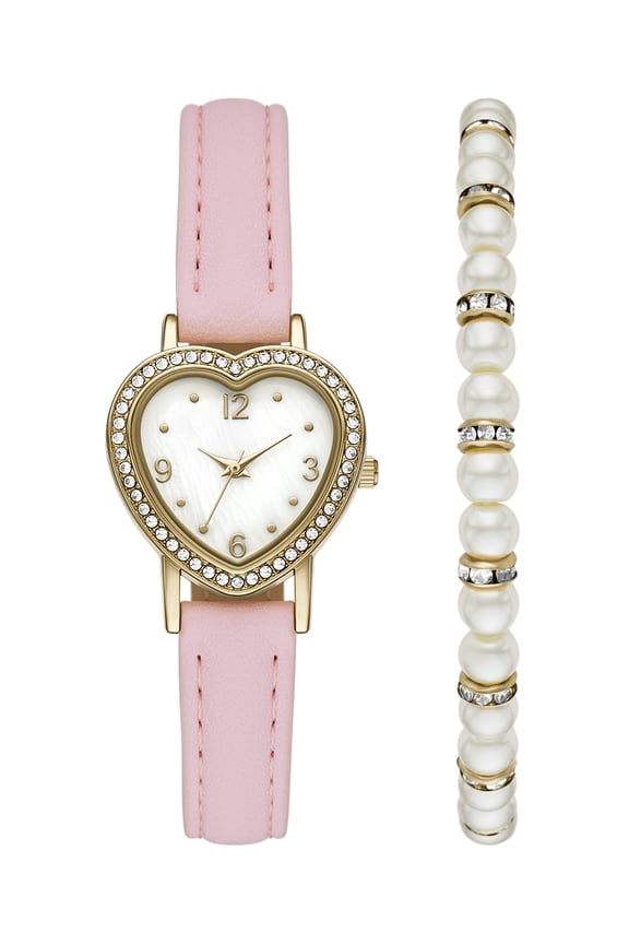 Women’s 2pc Watch & Bracelet Set; 28mm Heart Case, Pink PU Leather Strap, Silver, FMDAL1225