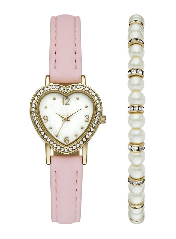 Women’s 2pc Watch & Bracelet Set; 28mm Heart Case, Pink PU Leather Strap, Silver, FMDAL1225