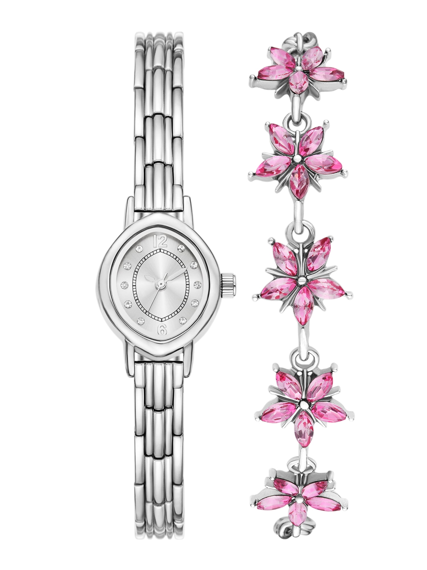 Folio Women’s 2pc Watch & Bracelet Set; 28mm Oval Case, Metal Bracelet, Silver FMDAL1222