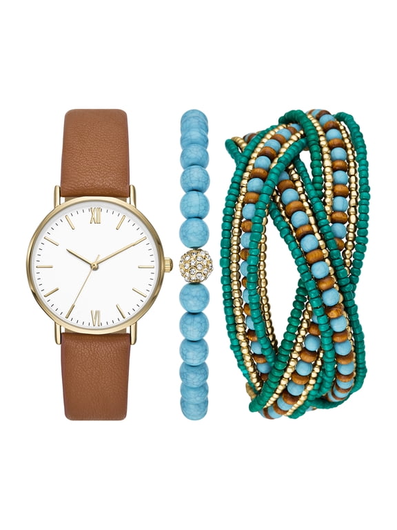 Women's Gift Set; Gold Watch, Brown Vegan Leather Strap and Stackable Beaded Bracelets (FMDAL1168)