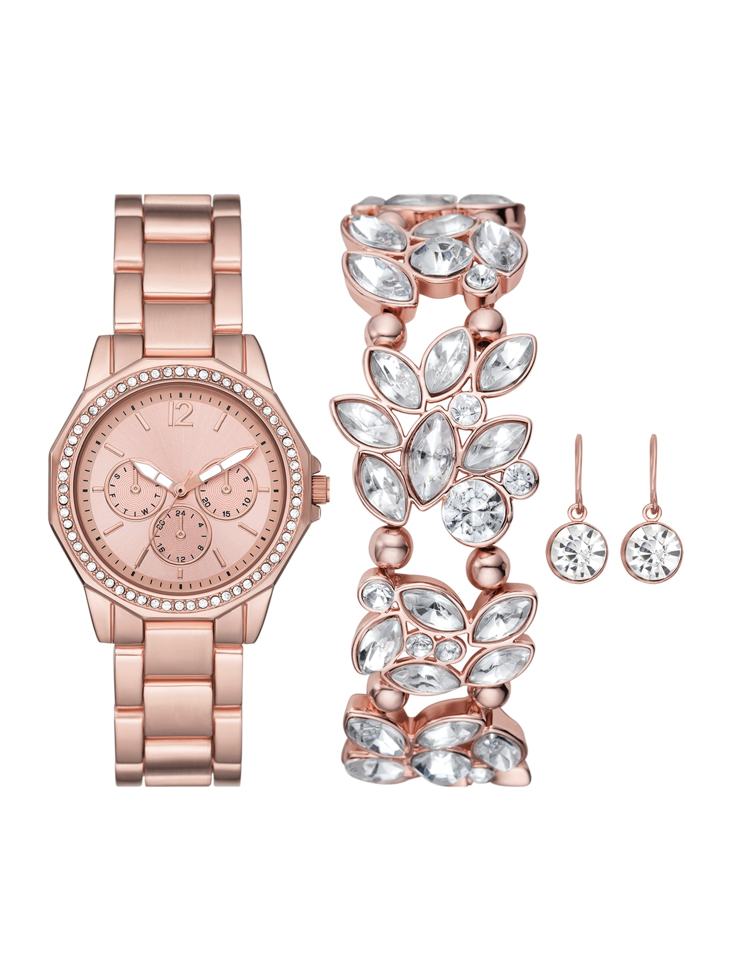 Folio Women s Gift Set Rose Gold Tone Bracelet Watch Stone Bezel with Stretch Bracelet with Crystals and Earring FMDAL1175 Walmart