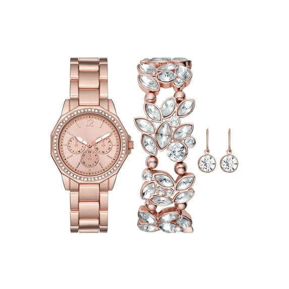 Folio Women's Gift Set; Rose Gold Tone Bracelet Watch, Stone Bezel with Stretch Bracelet with Crystals and Earring (FMDAL1175)
