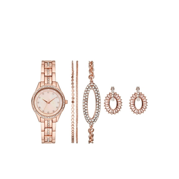 Folio Women's Gift Set; Rose Gold Tone Wristwatch with Bracelets & Earrings (FMDAL1165)