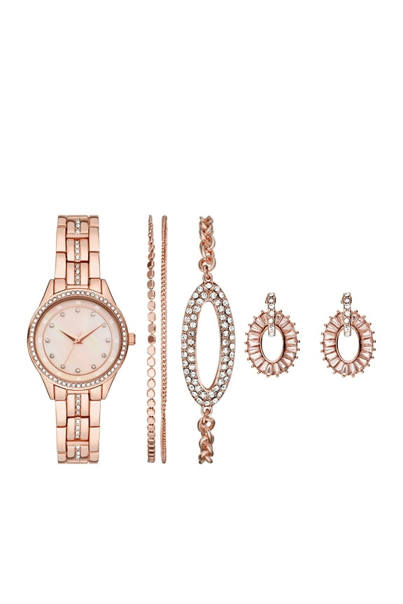 Women's Gift Set; Rose Gold Tone Wristwatch with Bracelets & Earrings (FMDAL1165)