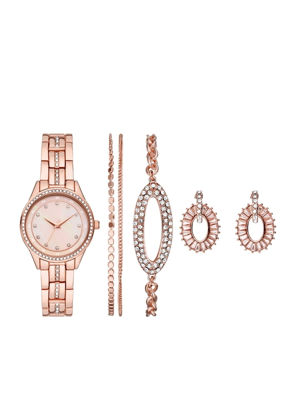 Women's Gift Set; Rose Gold Tone Wristwatch with Bracelets & Earrings (FMDAL1165)