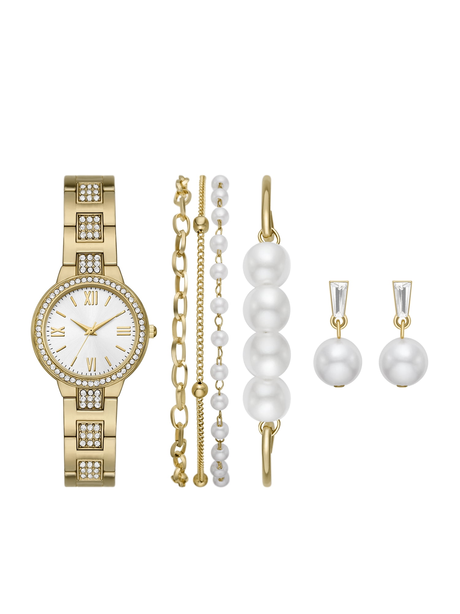 Folio Women's Gold Bracelet Watch Set with Layered Faux Pearl Bracelets