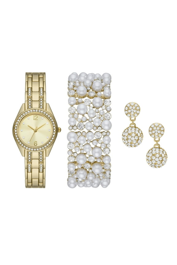 Women's Gold Tone Round Analog Glitz Bracelet Watch with Pearl and Crystal Stretch Bracelet and Earring Gift Set