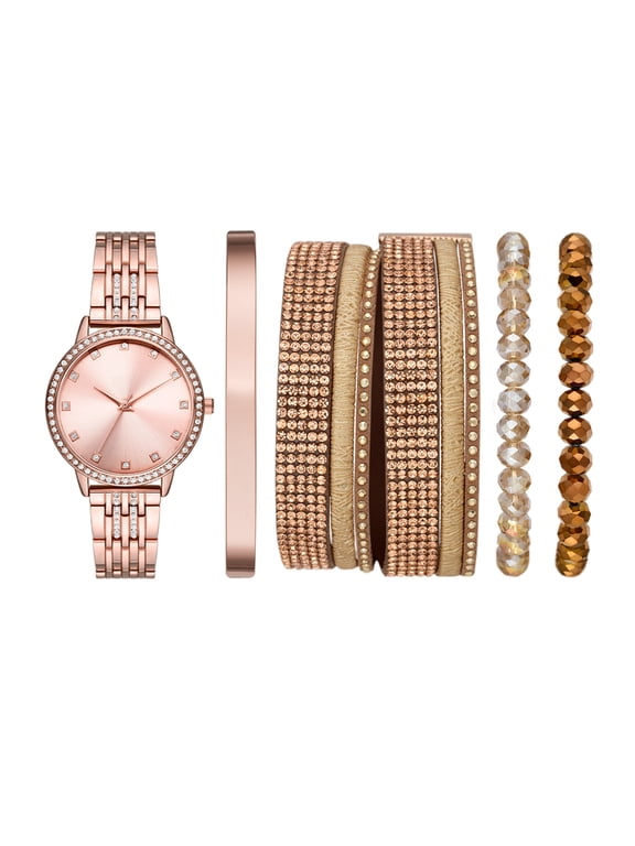 Women's Rose Gold Tone Round Analog Glitz Bracelet Watch and Layered Bracelets Gift Set