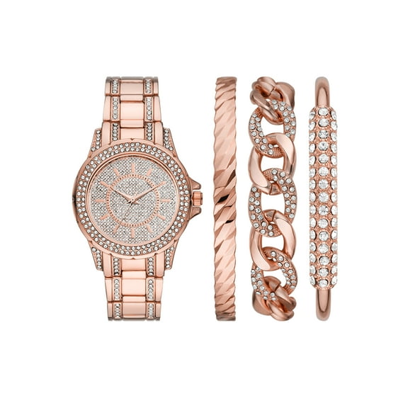 Folio Women's Rose Gold Tone Round Analog Glitz Bracelet Watch and Layered Bracelets Gift Set