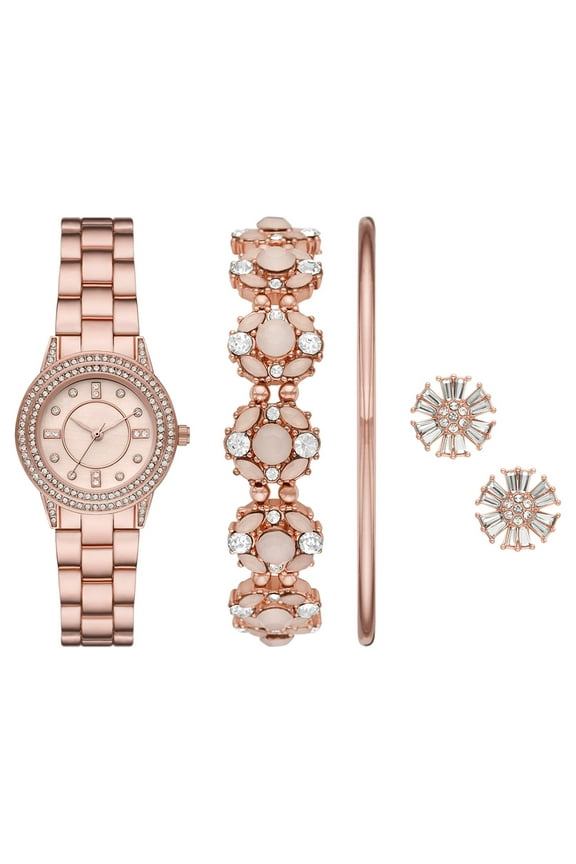 Women's Rose Gold Tone Round Analog Glitz with Layered Bracelets and Earring Gift Set