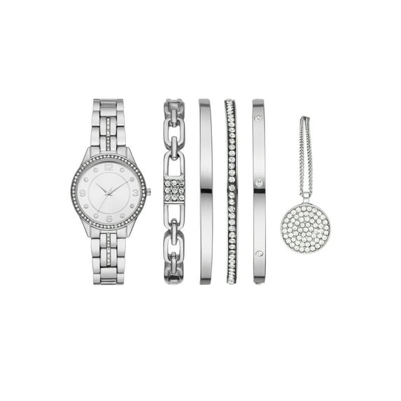 Folio Women's Silver Tone Round Analog Bracelet Watch and Layered Bracelets Gift Set
