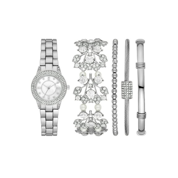 Folio Women's Silver Tone Round Analog Bracelet Watch and Layered Bracelets Gift Set