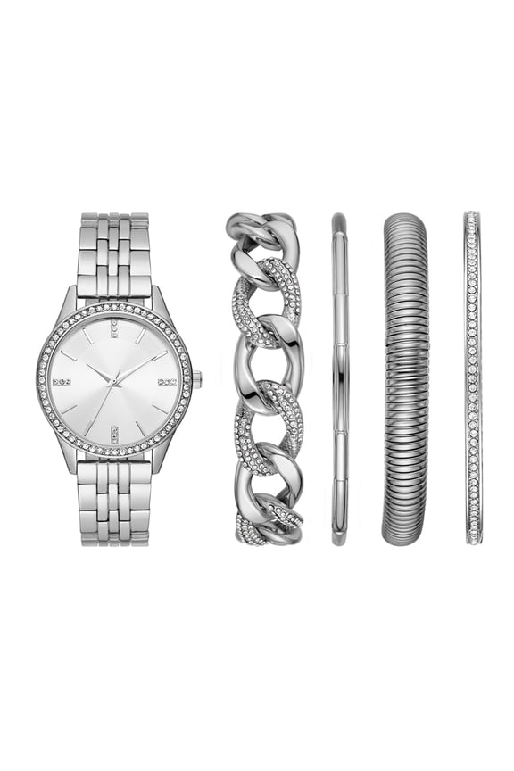 Women's Silver Tone Round Analog Bracelet Watch and Layered Bracelets Gift Set