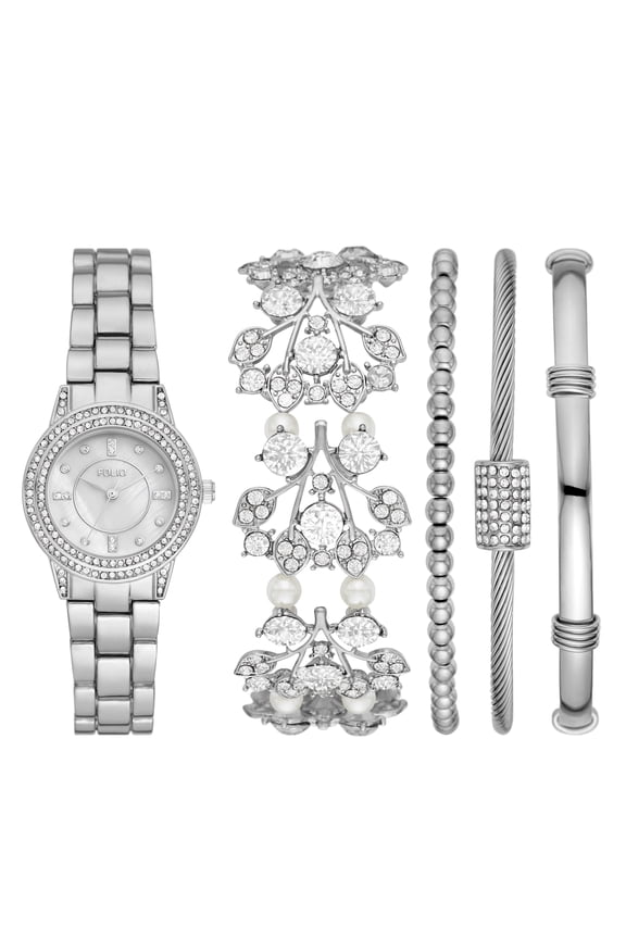 Women's Three-Hand, Silver-Tone Alloy Watch and Bracelets Gift Set