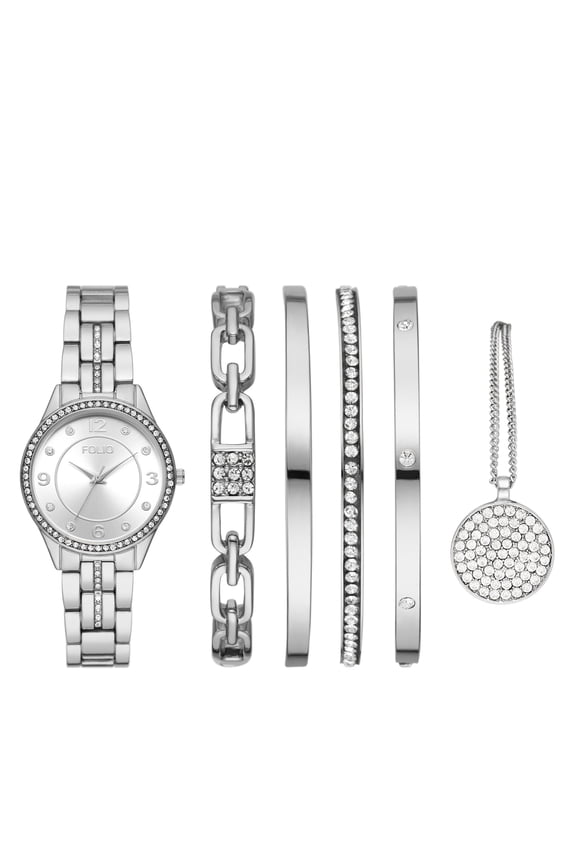 Women's Three-Hand, Silver-Tone Alloy Watch and Bracelets Gift Set